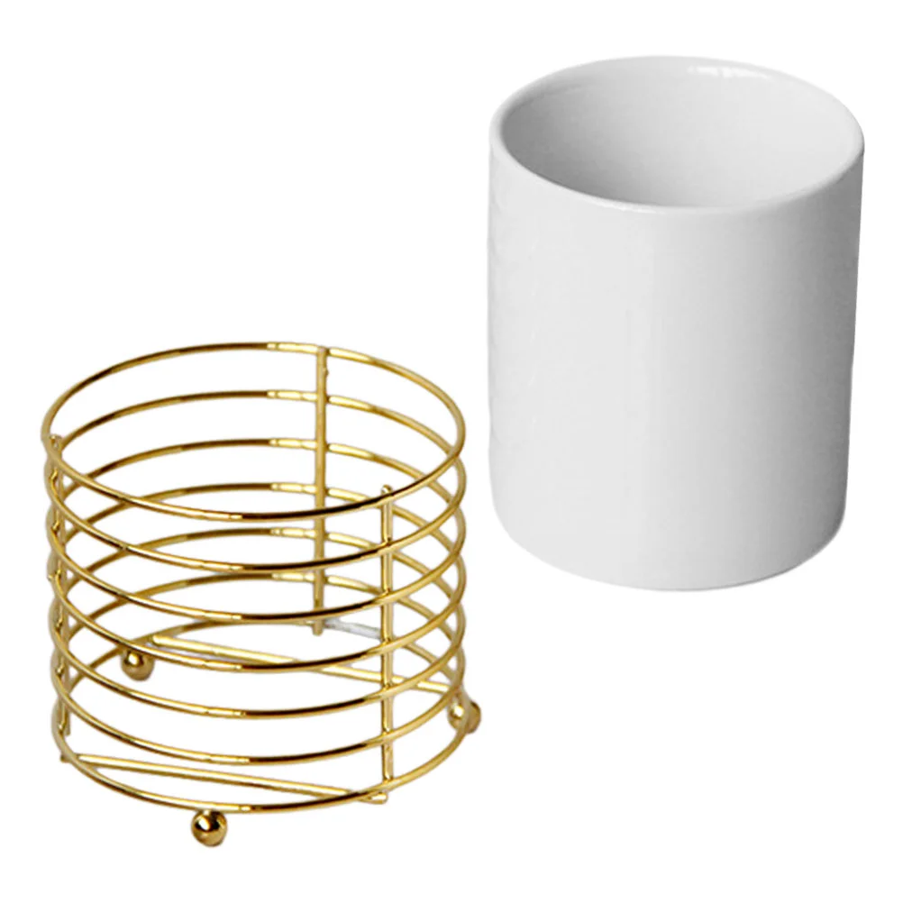 

Ceramic Pen Holder with Iron Stand Desk Makeup Brush Bucket Ceramic Pen Organizer