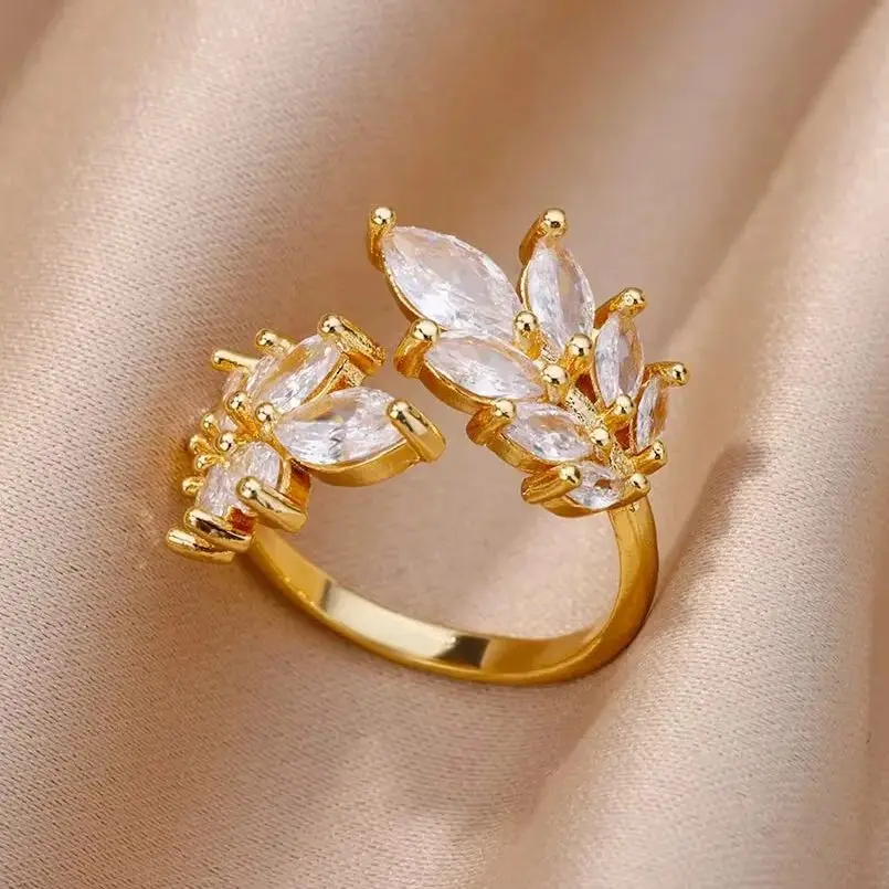 Zircon Wheat Rings Gold Color Stainless Steel Adjustable Ring