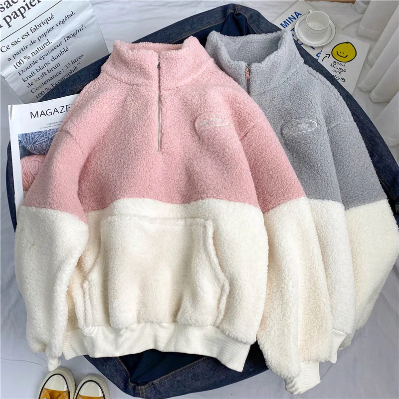 

Zipper Half High Collar Plush Thickened Lamb Fleece Sweatshirts Women Autumn and Winter Warm Coat Preppy Style Woman Clothing
