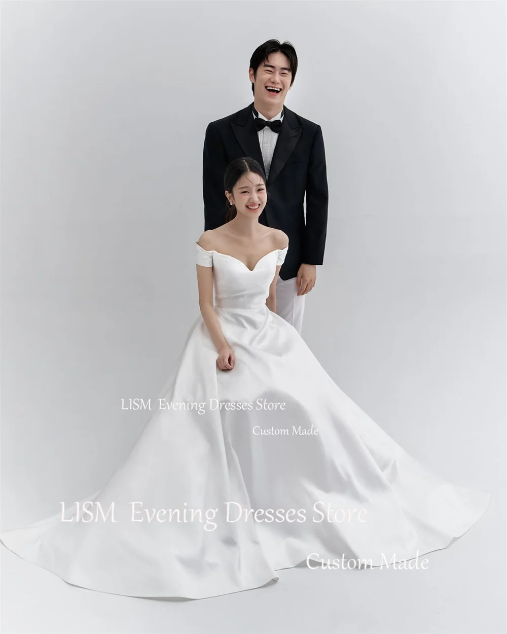 LISM Classic Off Shoulder V Neck Satin Korea Wedding Dresses A Line Vestidos De Novia Bride Dress Custom For Women Photos Shoot 2