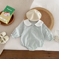 Ready Stock Newborn Jumpsuit Baby Girls Peter Pan Collar Drawstring Long Sleeves Elegant Check Romper 0-2yrs 3