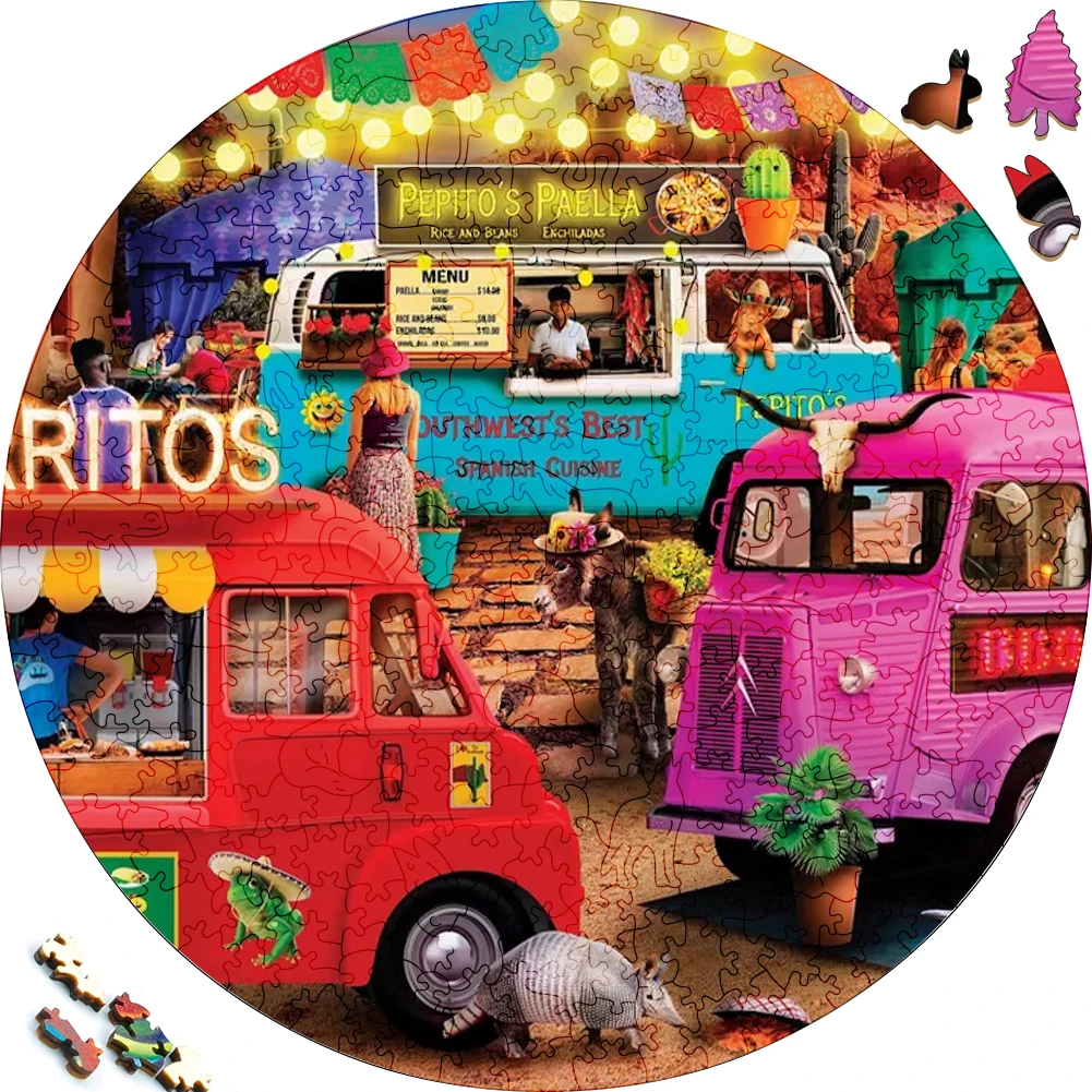 Unique Wooden Puzzles Delicious Bus Dining Car Wood Jigsaw Puzzle Craft Irregular Family Interactive Puzzle Gift for Kids Game funny wooden puzzles cabin rainbow scenery wood jigsaw puzzle craft irregular family interactive puzzle gift for friend gather