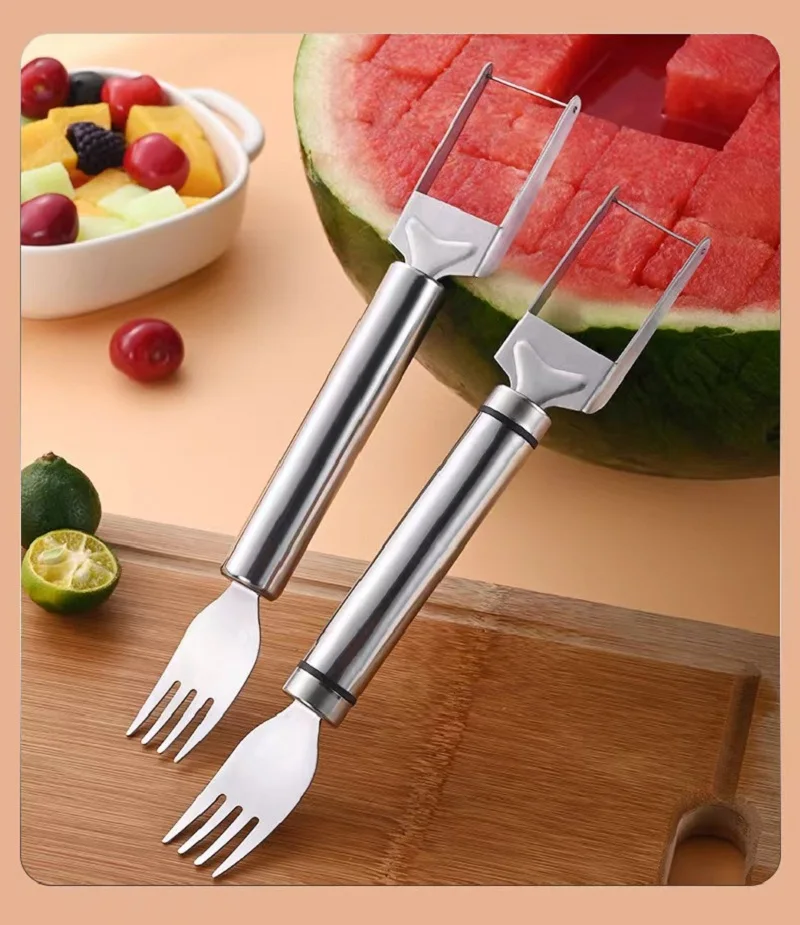 Stainless Steel Watermelon Slicer Fruit Divider 2 In 1 Portable Watermelon Dicer Fruit Pulp Digger Double Ended Fork
