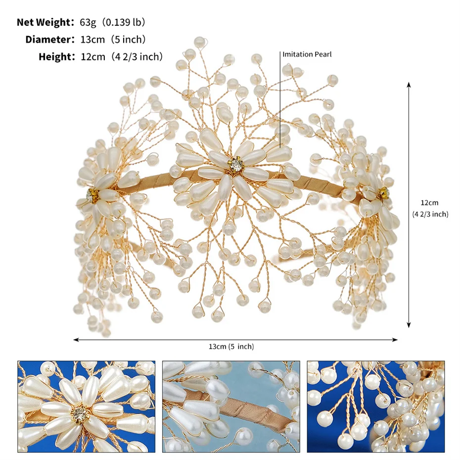 Efily Trendy Handmade Pearl Bridal Headband Headpiece Wedding Hair Accessories for Women Tiara Crown Bride Head Jewelry Gift