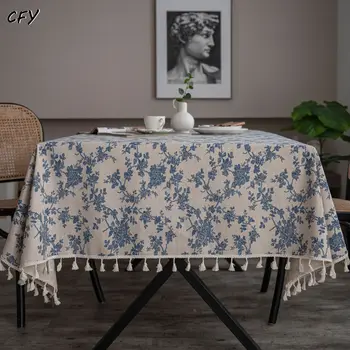 Cotton Linen Retro Blue Flower Printing with Tassels Rectangular Table Cloth Kitchen Table Map Towel Household Tablecloth