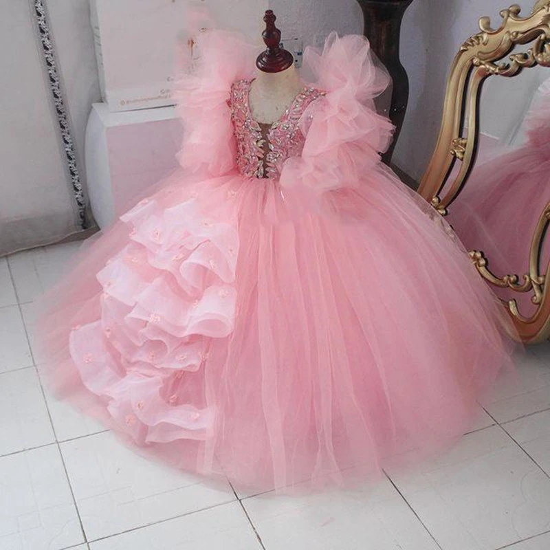Vestidos de flores para niña, vestido de baile con cristales de encaje rosa,  vestidos de cumpleaños para niña pequeña, vestidos para desfile, vestidos de  primera comunión| | - AliExpress