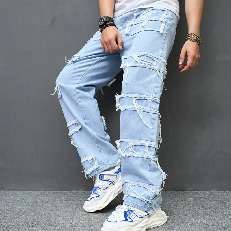 Men's Casual jeans Tassel Jeans Denim Vintage Patchwork hiphop Straight Pants Bleached Washed Fashional Middle Weight