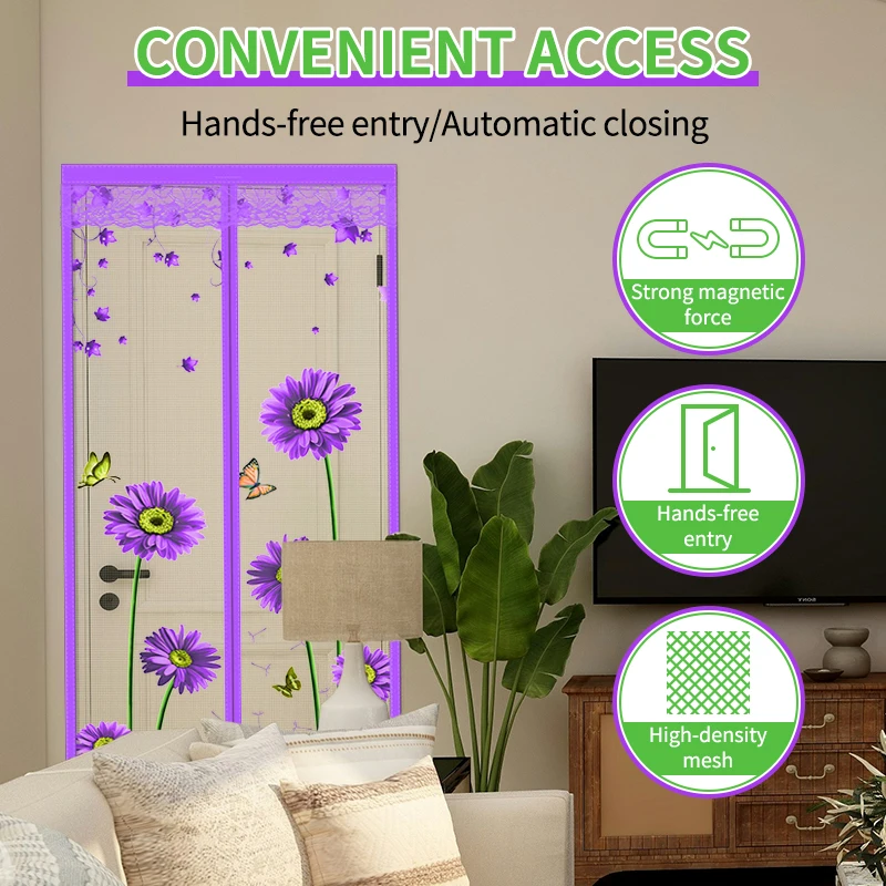 Silent mosquito proof door curtain with purple lotus chrysanthemum mesh magnetic suction self adhesive partition