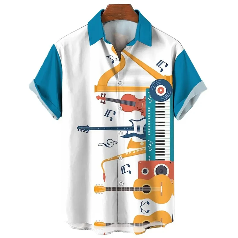 Colorful Musical Instrument Pattern Hawaiian Shirt For Men 3d Saxophone Guitar Print Beach Short Sleeve Casual Male Tops Tees