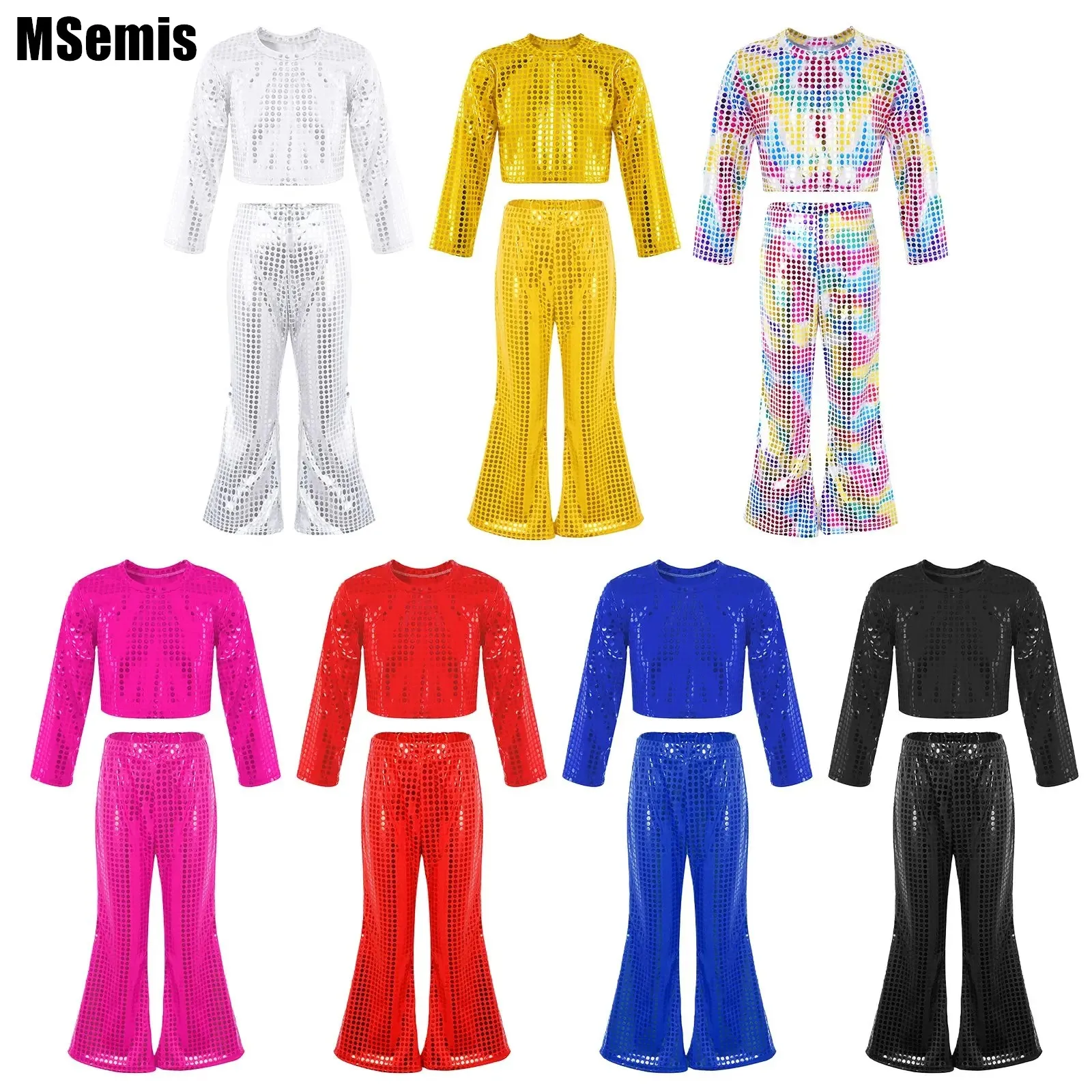 

Kids Girls Shiny Dots Dance Outfit Long Sleeve Crop Top with Elastic Waistband Bell-bottoms Pants Round Neckline for Competition