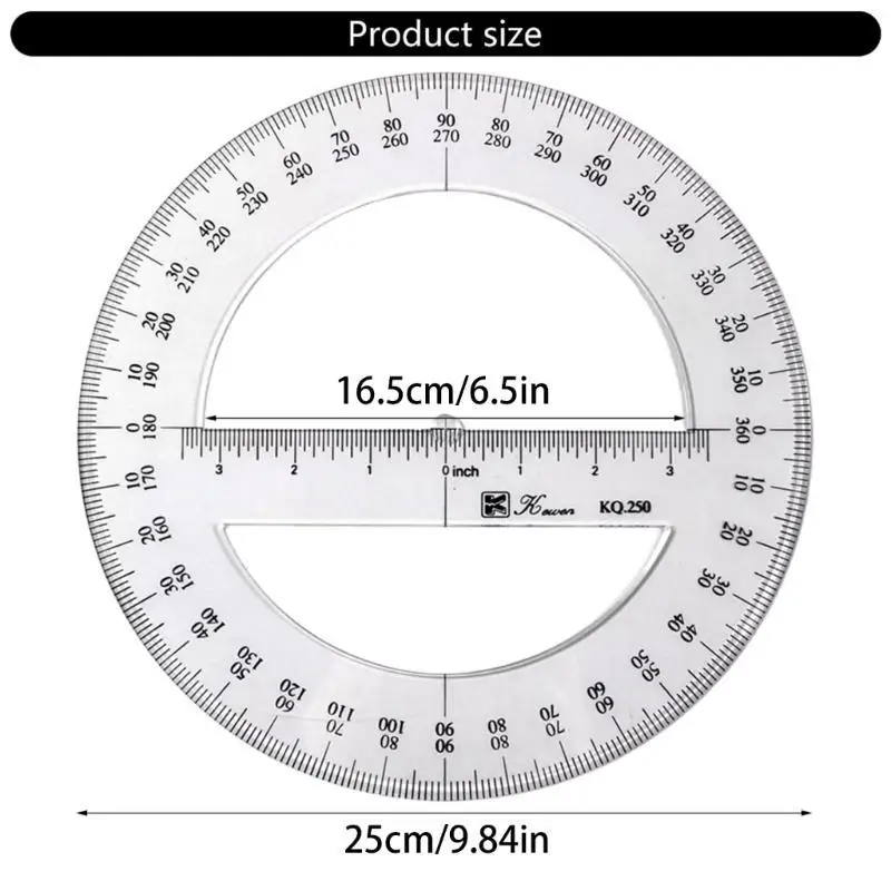 31BA 25cm 원형 각도기 눈금자 플라스틱 수학 측정 도구 전체 중심 각도 각도기 수학 각도기