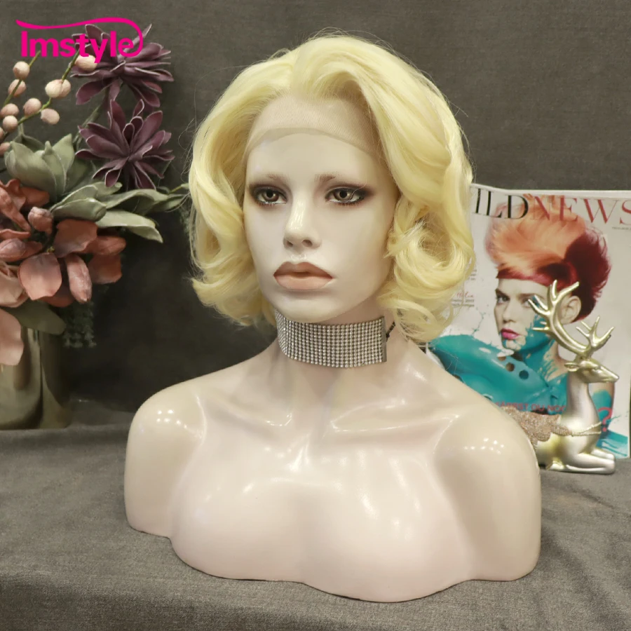 Imstyle 613 Blonde Wig Short Synthetic Lace Front Wig Pink Orange For Women Heat Resistant Fiber Cosplay Wigs 12 inch