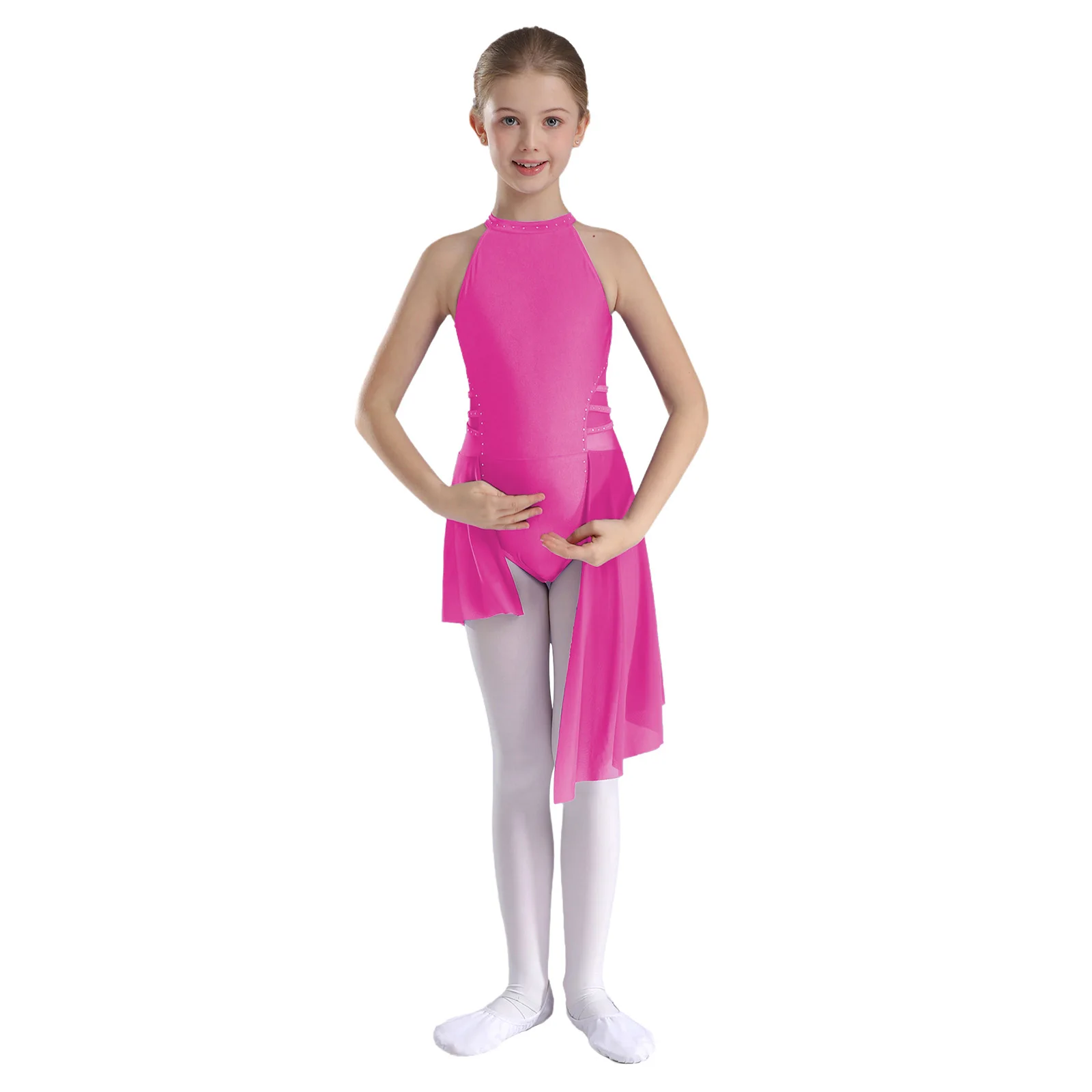 TiaoBug Kids Girls Sleeveless Lyrical Dance Skirted Leotard Keyhole Back Bodysuit for Figure Skating Gymnastics Performance