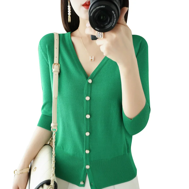 Sweat-Absorbent Breathable Ice Silk Autumn and Winter New Women's V-neck 3/4 Sleeves Buckle Thin Sun Protection Knit Cardigan