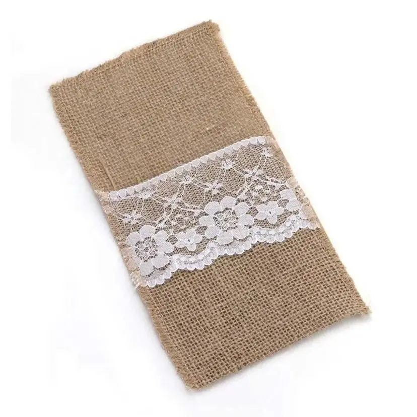10 Pcs Burlap Lace Cutlery Pouch Wedding Tableware Party Decoration Holder Bag Hessian Rustic Jute 11cm X 21cm