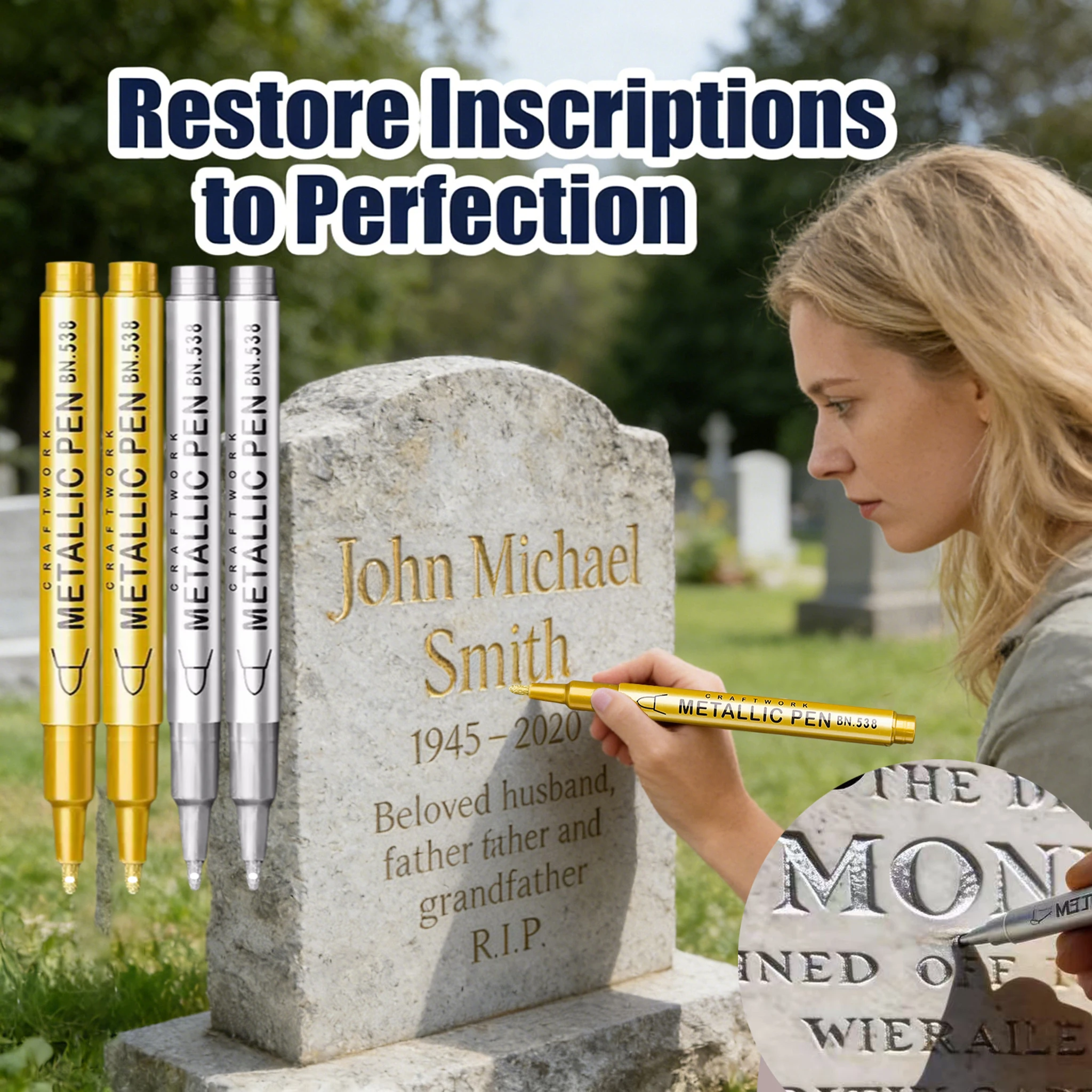 4팩 묶음 묘비펜: 금색 2개 & 은색 2개, 퇴색된 묘비 및 화강암 문구 복원을 위한 내후성 유성 기반 미세 팁 펜