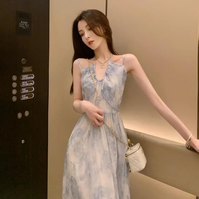

Womens Dress 2024 Summer New Fashion Simple French Blue Floral Print Long Dressess Loose Holiday Korean Elegant Dresses