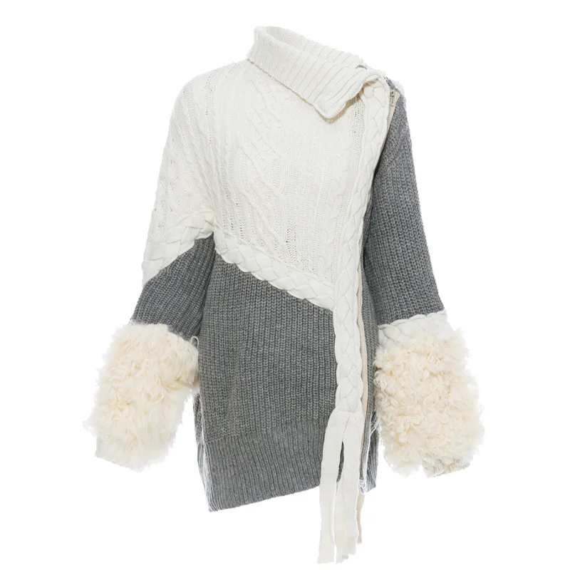 

SuperAen 2023 Autumn and Winter Wool Sleeves Woven Twist Irregular Fur Cuffs Loose Zipper Sweater for Women