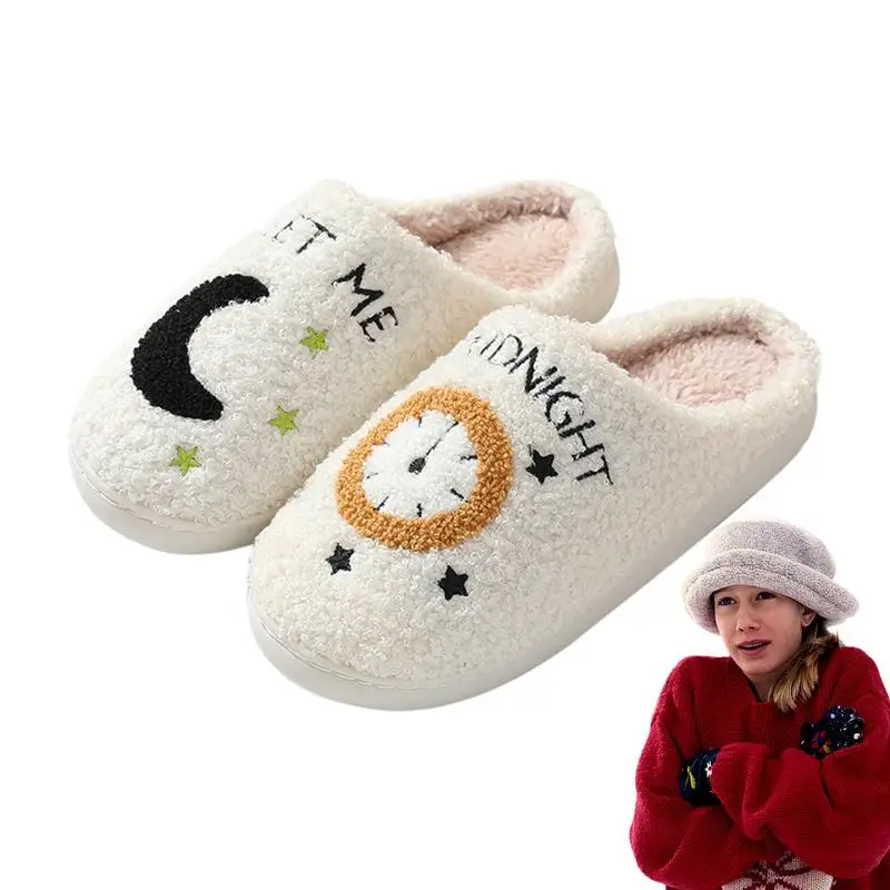 

Moon Clock House Slippers Meet Me At Midnight indoor footwear for Women Men Warm Fuzzy Shoes Non Slip Sole Winter Plush Slippers