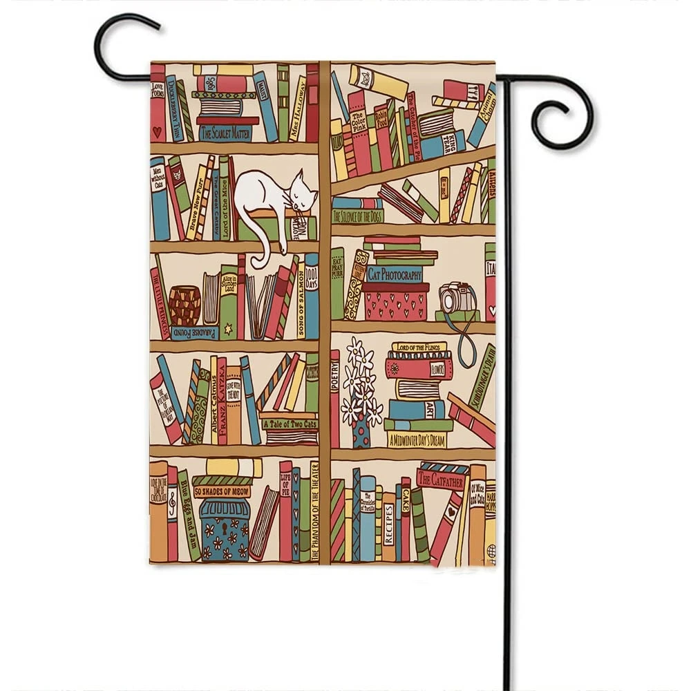 

Book Garden Flag Cartoon Bookshelf with Cute Sleeping Cat Kitten In Library Yard Flag Double Sided for Farm House Outside Decor
