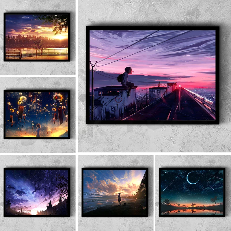 Anime Sky Art Painting Canvas Poster Sunrise Sunset Starry Sky Moonlight Wall Picture For Living Room Camera Da Letto Modern Home Decor
