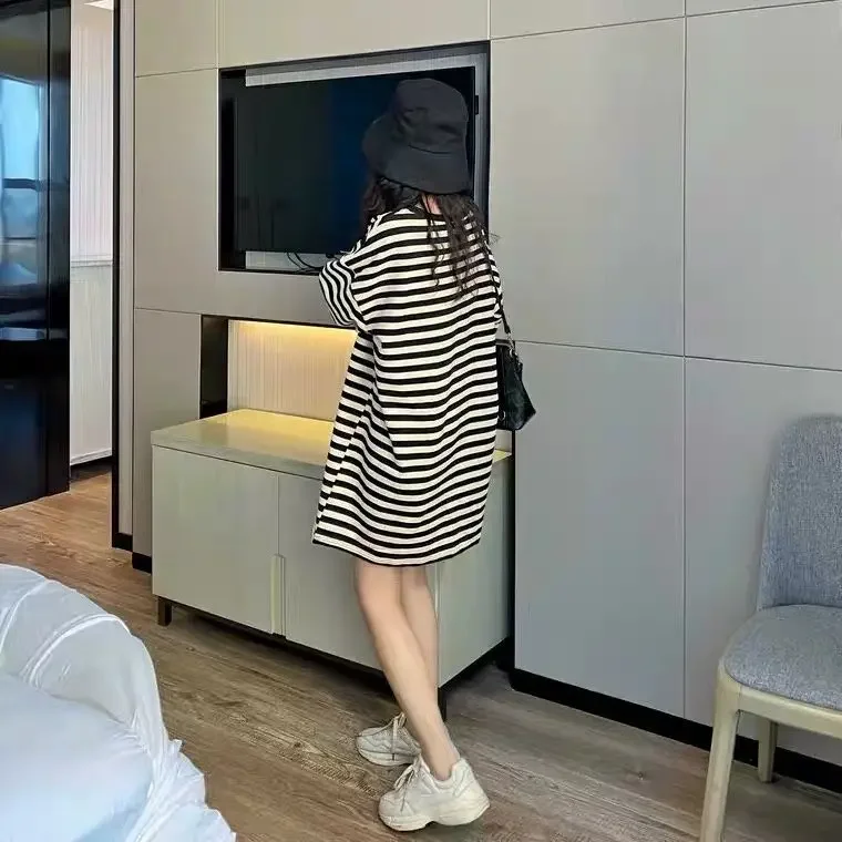 임산부 반팔 티셔츠, 한국 스타일, 루즈핏 라운드넥, 중간 길이 원피스, 배를 가리는 스트라이프 상의, 여름