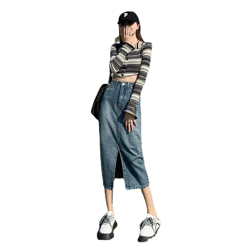 

Vintage Women's skirt Spring Korean fashion Ankle-length long skirts for women High Waist Slim Slit Denim Skirt Lady Midi Skirts
