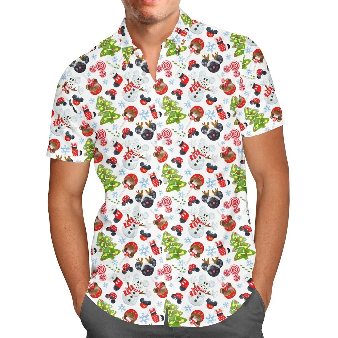 Mickey Christmas Hawaiian Casual Short Sleeved Shirt Men's Women Short Sleeve Button Up Shirt Disney Christmas Hawaiian Casual Beach Kids