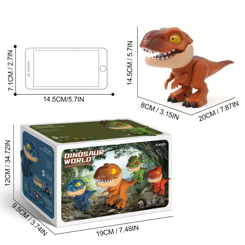 Set di cancelleria 5 in 1 con dinosauri, che include righello, temperamatite, cucitrice e gomma. Materiale didattico divertente, regalo perfetto per bambini._voghion.com