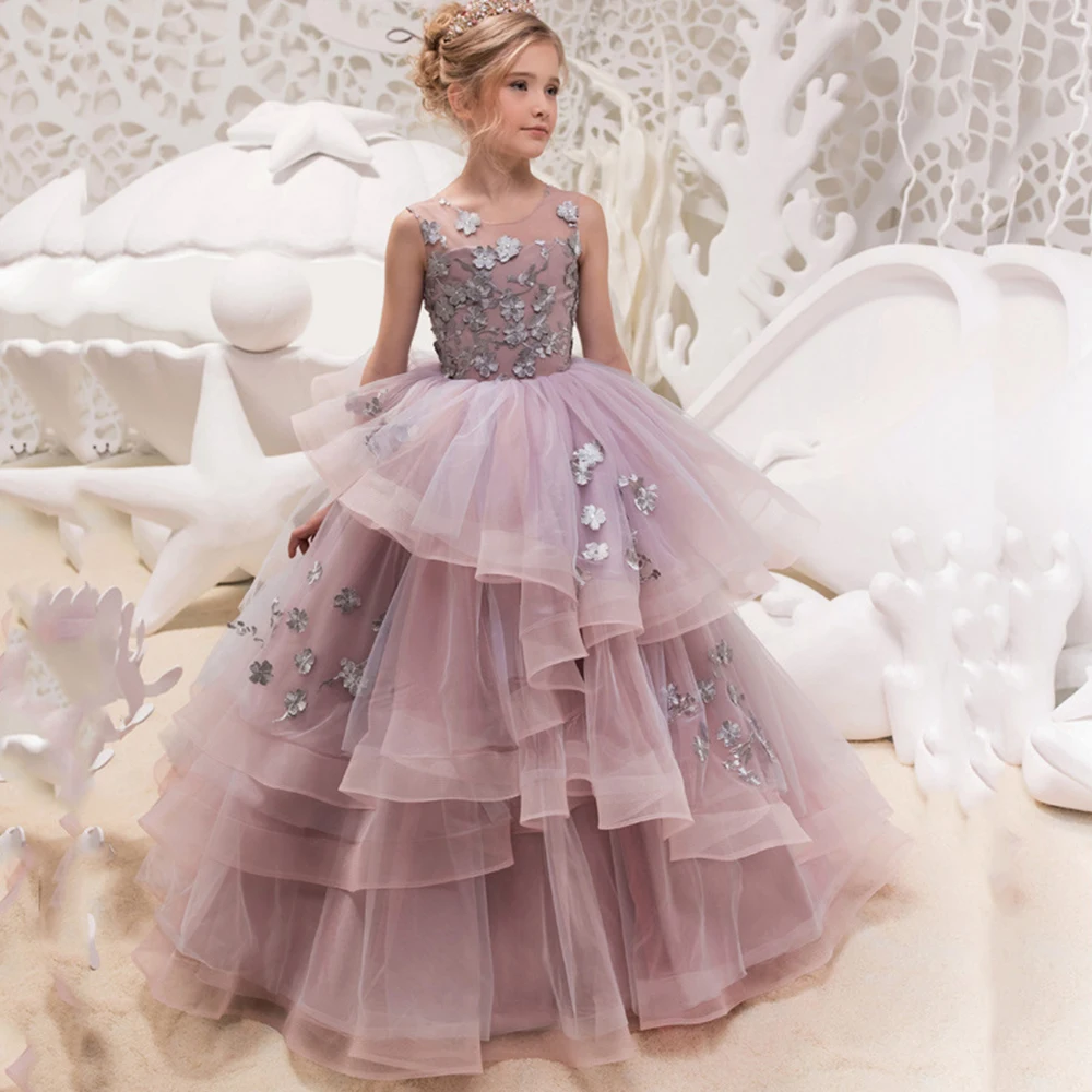 

Light Purple Scoop Sleevefless Flower Girl Dress For Princess With Print Ball Gowns Tiered Tulles Evening Dresses Floor Length