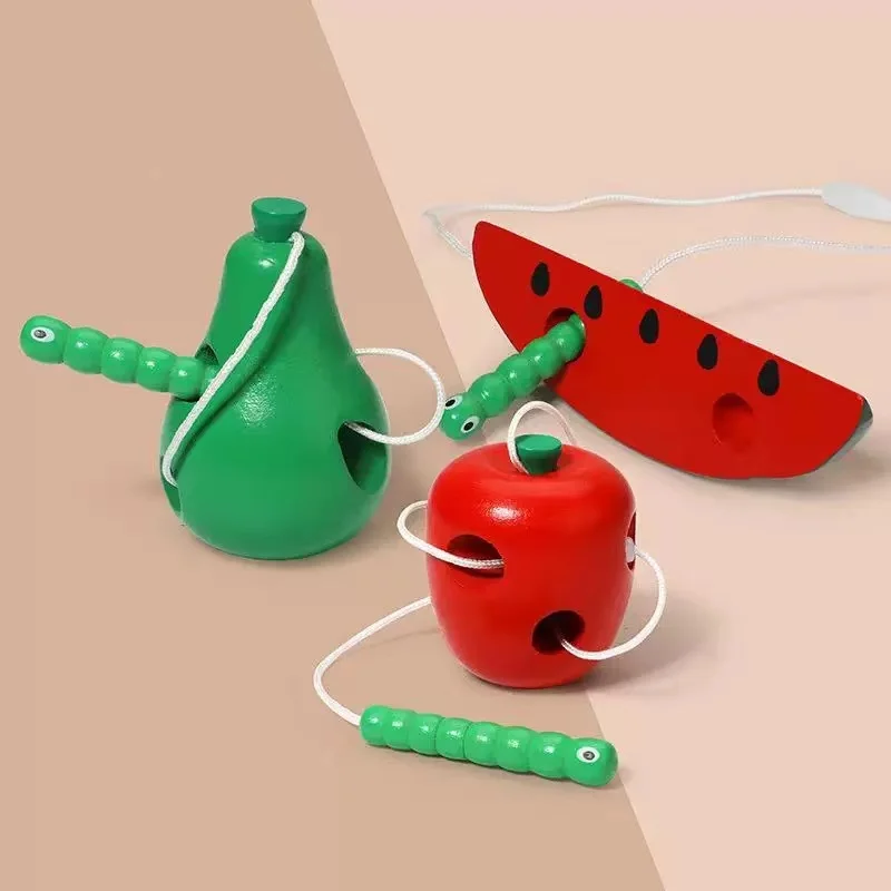 Montessori Kids Educational Toys Fun Wooden toy Worm Eat Fruit Apple pear Early Learning Teaching Aid Baby Toy For Kids Gift 6
