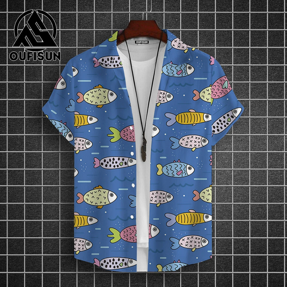 Hawaiian Shirt For Men Beach Casual Men's Short Sleeved Shirts New Cute Fish 3d Print Men's Shirt Oversized Men's Clothing 5xl 6