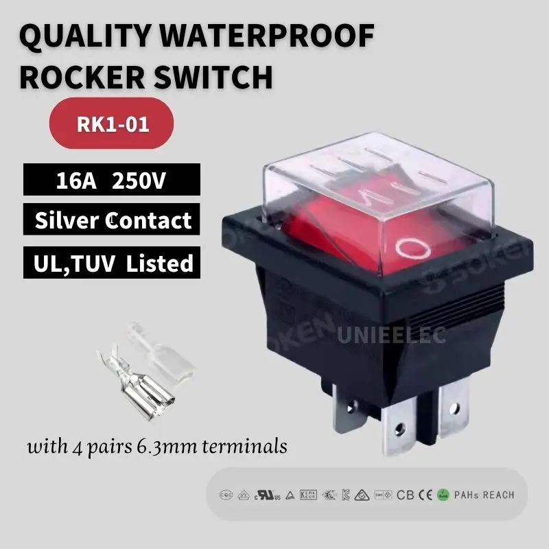 

5pcs /lot Uniteelec-Soken Quality Red/Green Light DPST ON-Off Waterproof Rocker Switch RK1-01 4 Pins 16A/250V UL TUV List