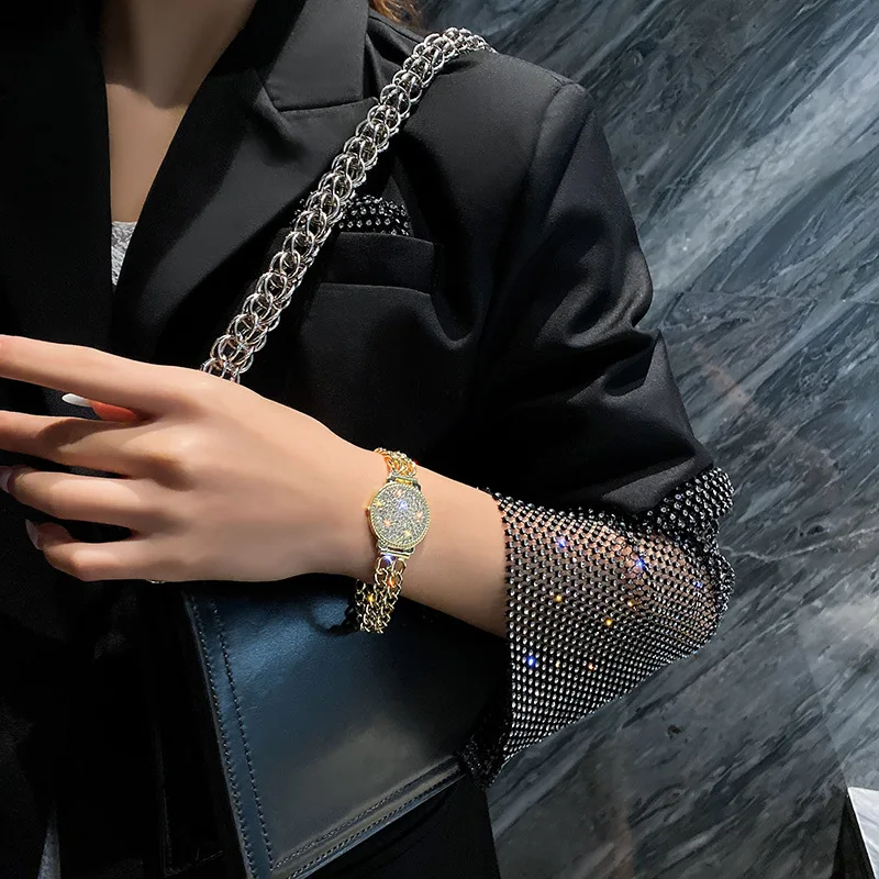 Fashion Bracelet Fashion Jewelry Luxurious Full of Rhinestone Clock Dial Bracelets For Women Shiny Crystal Gold Plated Bracelet Party Jewelry Gift