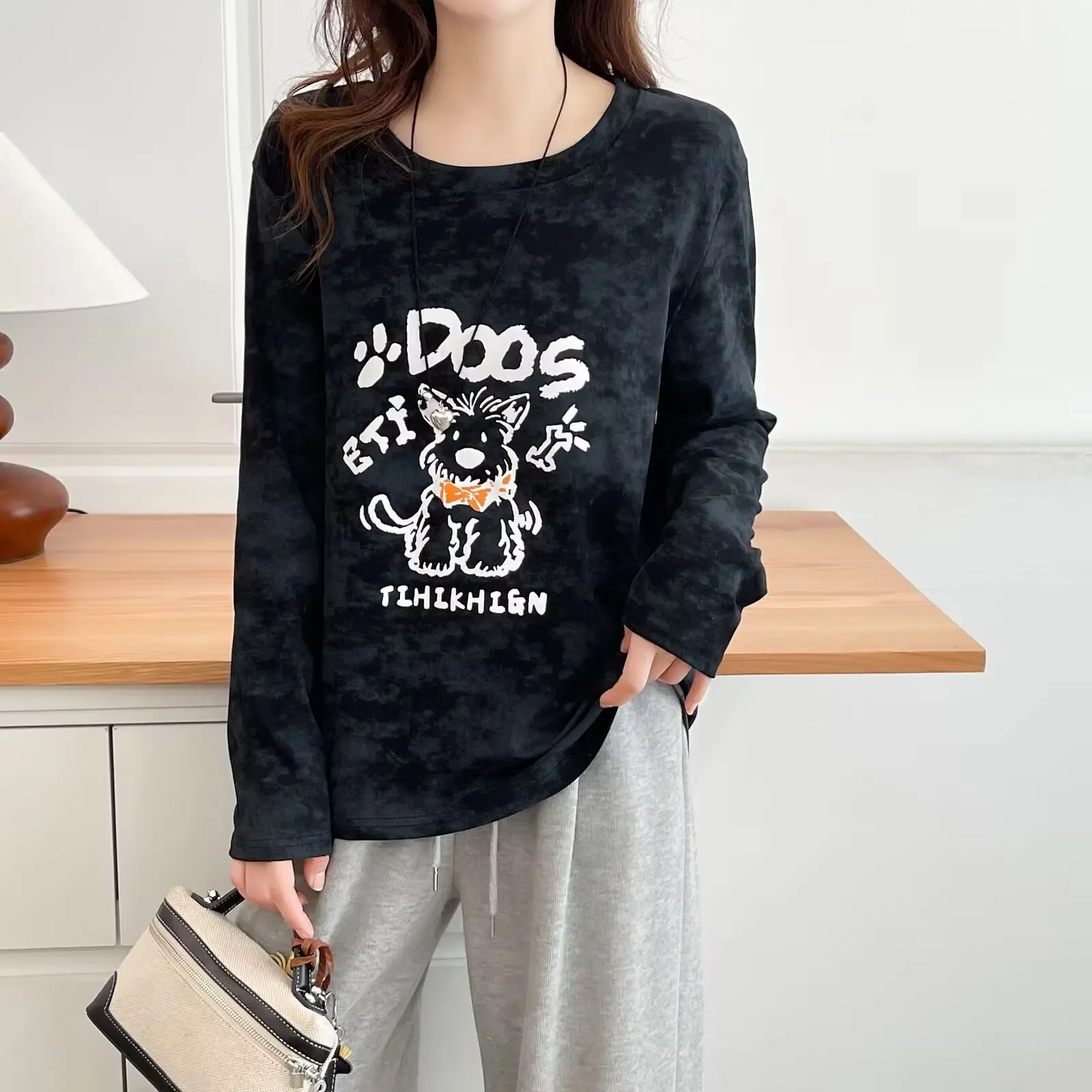 Fashion Plus Size Women's T-Shirt Autumn Long Sleeve Stylish Waist Fold Printed Cartoon Casual Tops 2537