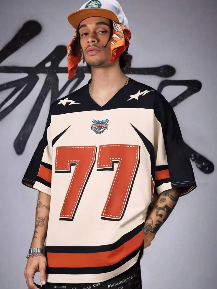 2025 Men's V-Neck Number Football Jersey T-Shirt Loose Quick