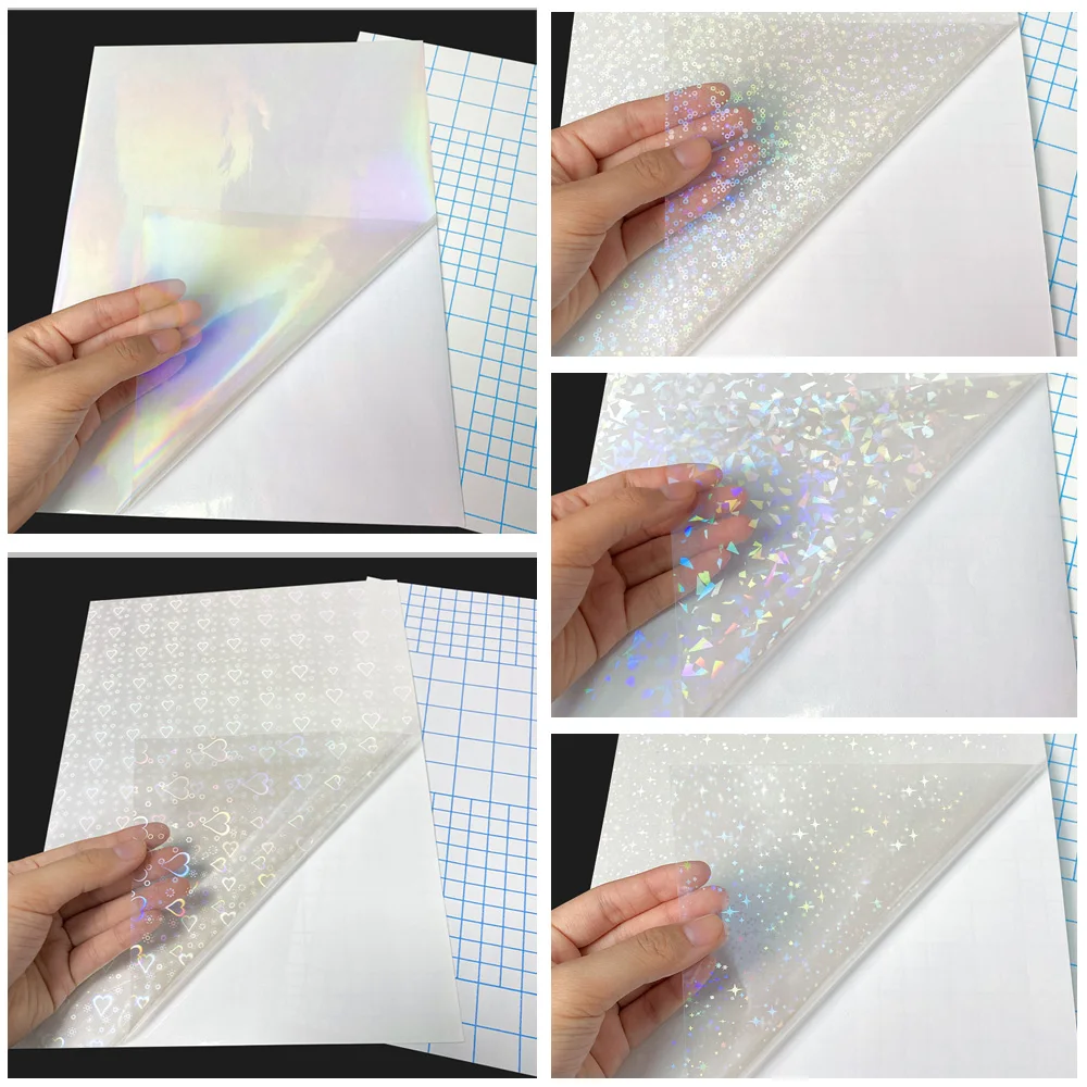 

10 Sheets 15 Style A4 Transparent Holographic Overlay Lamination Film A4 Self-Adhesive Laminate Waterproof Vinyl Sticker Paper