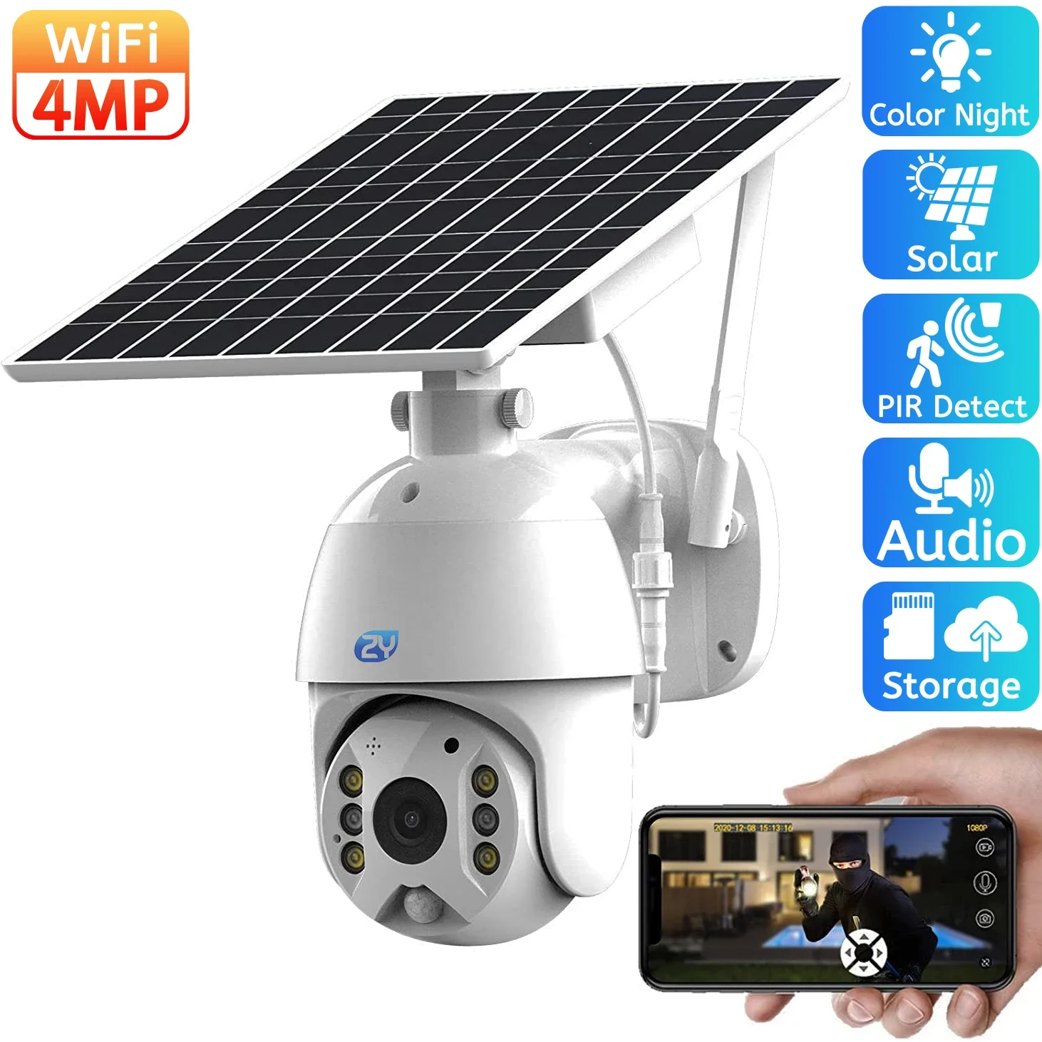 4MP Güneş PTZ Wifi Kamera Açık 8W Güneş Paneli Renkli Gece Görüş Kablosuz IP Kamera Dahili Pil CCTV Güvenlik Kameraları