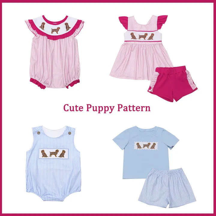 

Boutique Baby Kids Girl Pink Short Sleeved Boy Blue T-shirt Set Round Neck Puppy Embroidery Top Clothes And Latice Short Suit