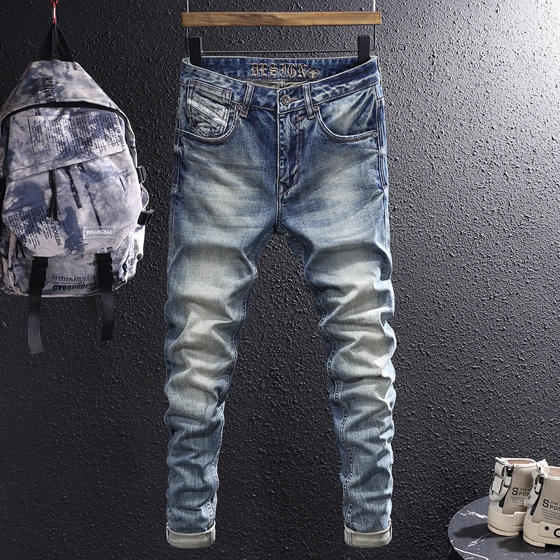 Italian Style Fashion Men Jeans High Quality Retro Blue Slim Fit Vintage Jeans Men Casual Trousers Designer Denim Pants Hombre