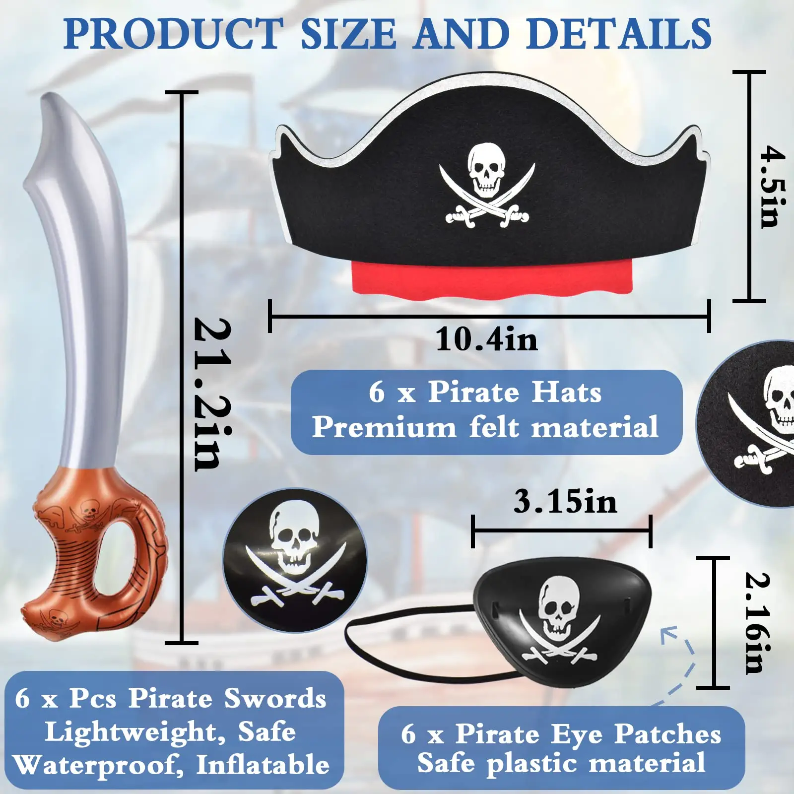 18pcs Pirate Sets Pirate Hat Set Party Favors Theme Party Supplies for Halloween Masquerade