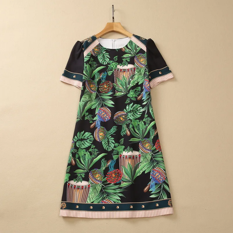 

European and American women's dress 2023 summer new style Short sleeve heavy stitching bead green drum print Fashion dress XXL