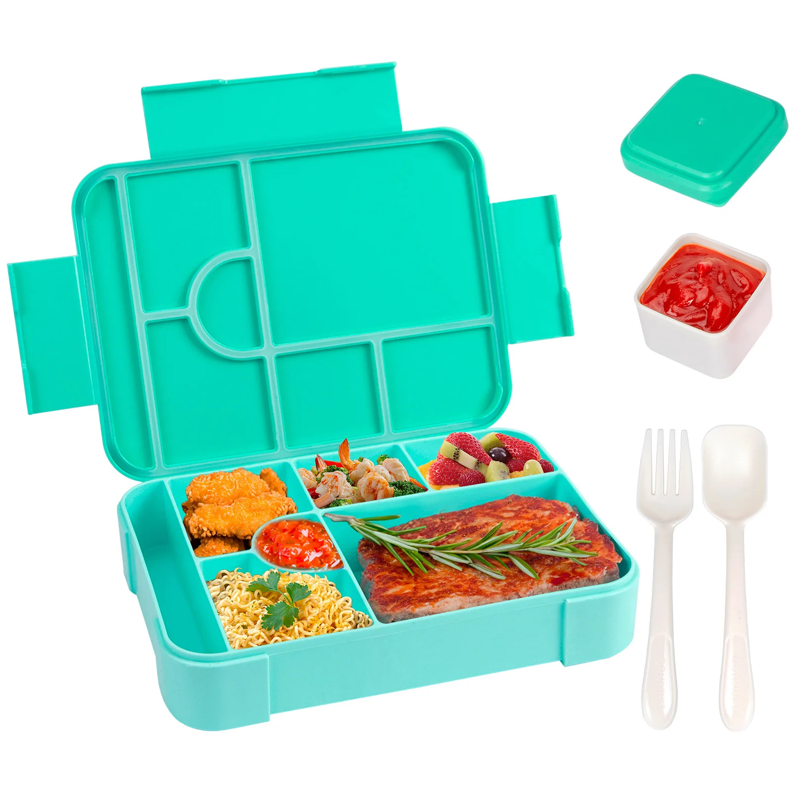 Lonchera Con 6 Compartimentos A Prueba De Fugas - Capacidad 1330 Ml, Incluye Cubiertos Y Caja De Salsa - Apta Para Microondas Y Lavavajillas - Color Azul Y Amarillo