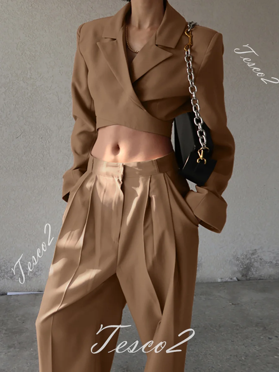 Tesco Trendy Pantsuit For Women Spring Short Crop Top+High Waist Wide Leg Pants Casual Blazer With Lace-up Women Chic Outfits