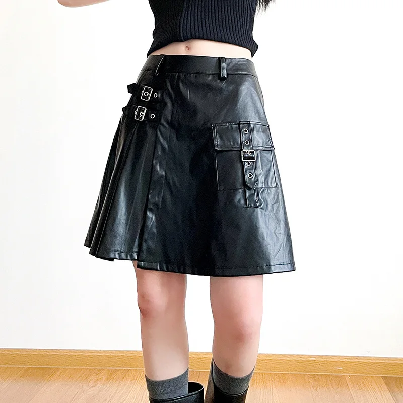 

Women's Korean High Waist Short Skirt 2023 Fashion Casual PU Leather Mini Skirt Y2k Work Dress Pocket Solid Bottom