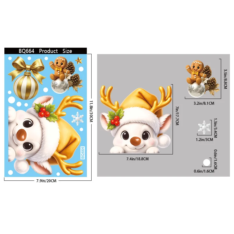 16 Styles Christmas Static Cling Sticker Single Gold Reindeer Snowman Igloo Wreath Design, Holiday Window Decoration for Glass