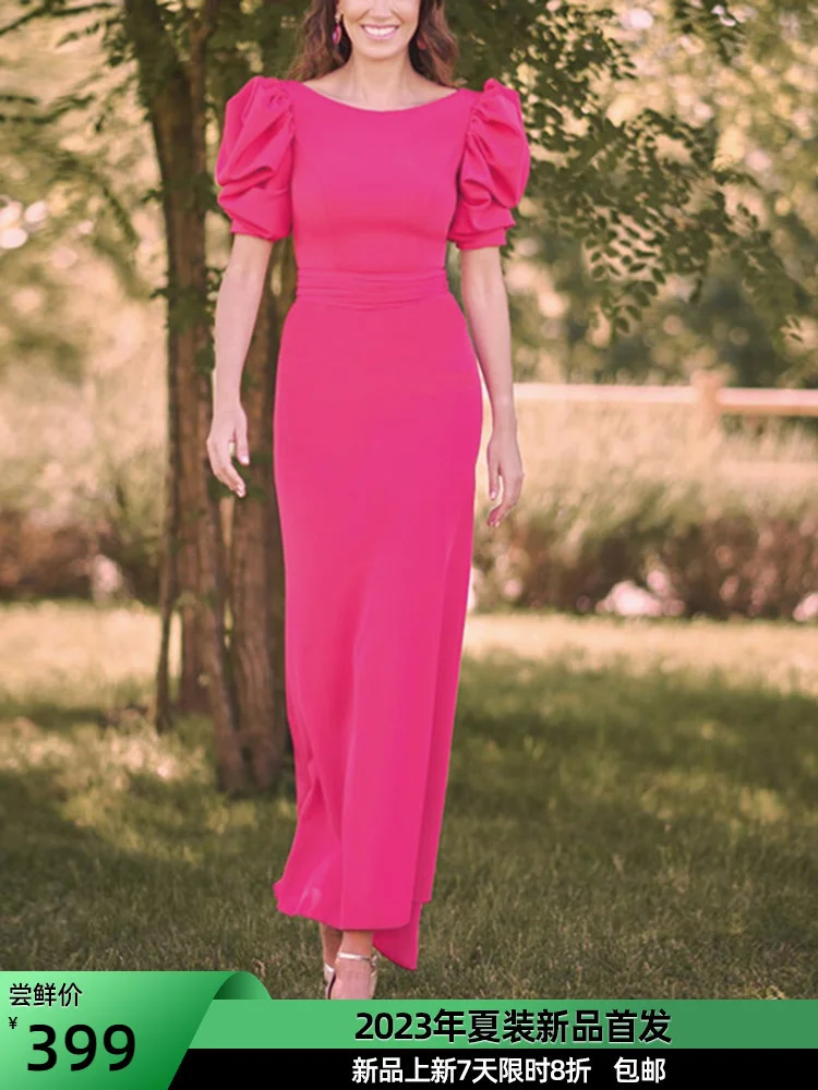 

Temperament Goddess Dress 2023 Summer New Rose Red Bubble Sleeve Slim Fit Long Dress