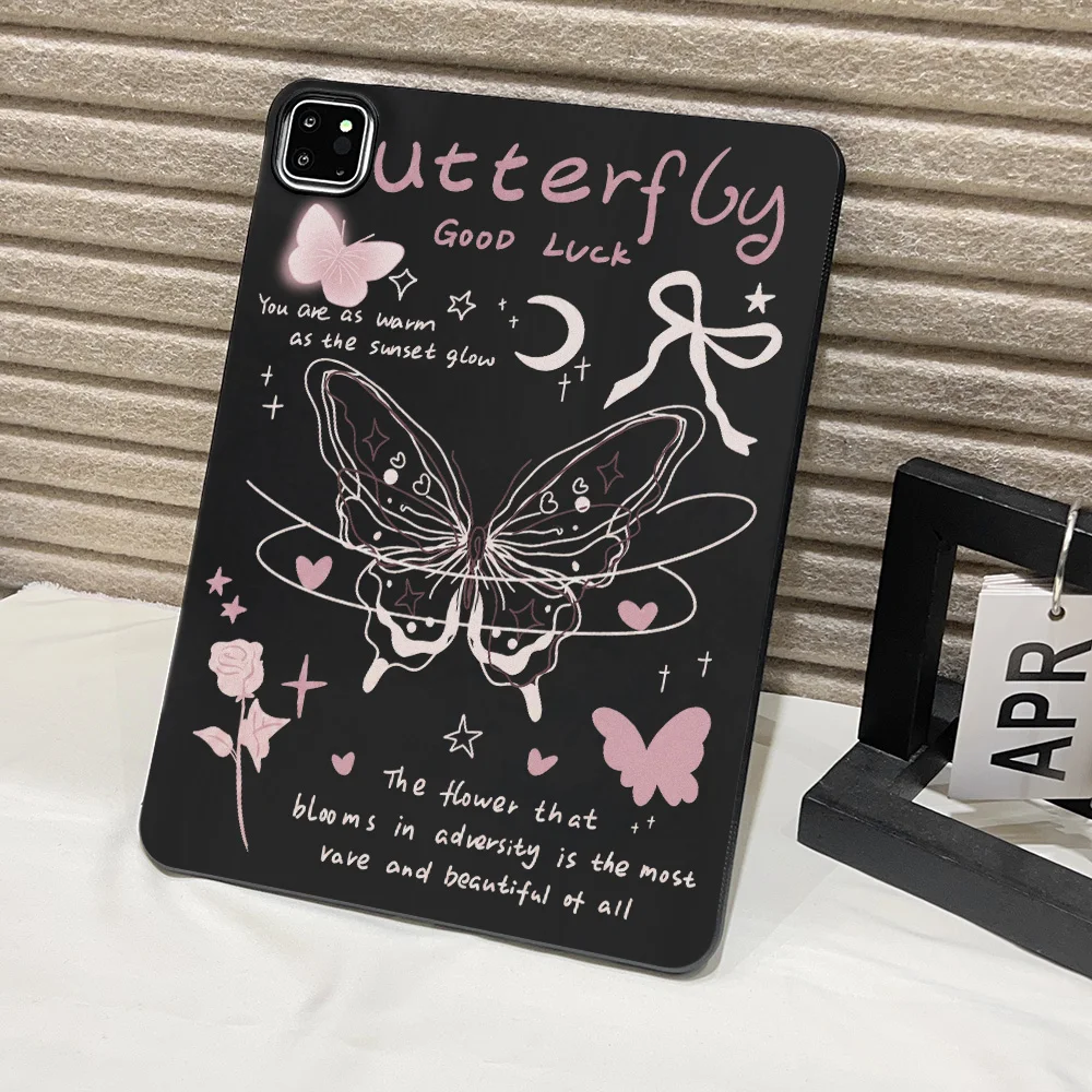 Matte Finish Tablet Case with Black Pink Butterfly Rose Design - Y2K Aesthetic