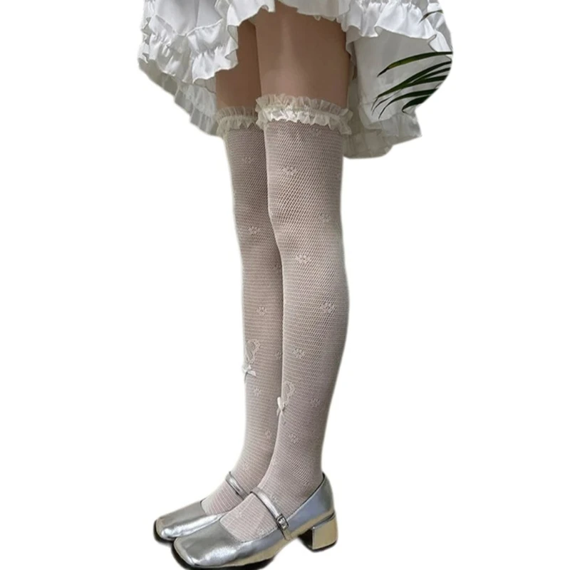 

Women Ruffle Trim Over Knee Stockings Bowknot Fishnet Thigh High Long Socks T8NB