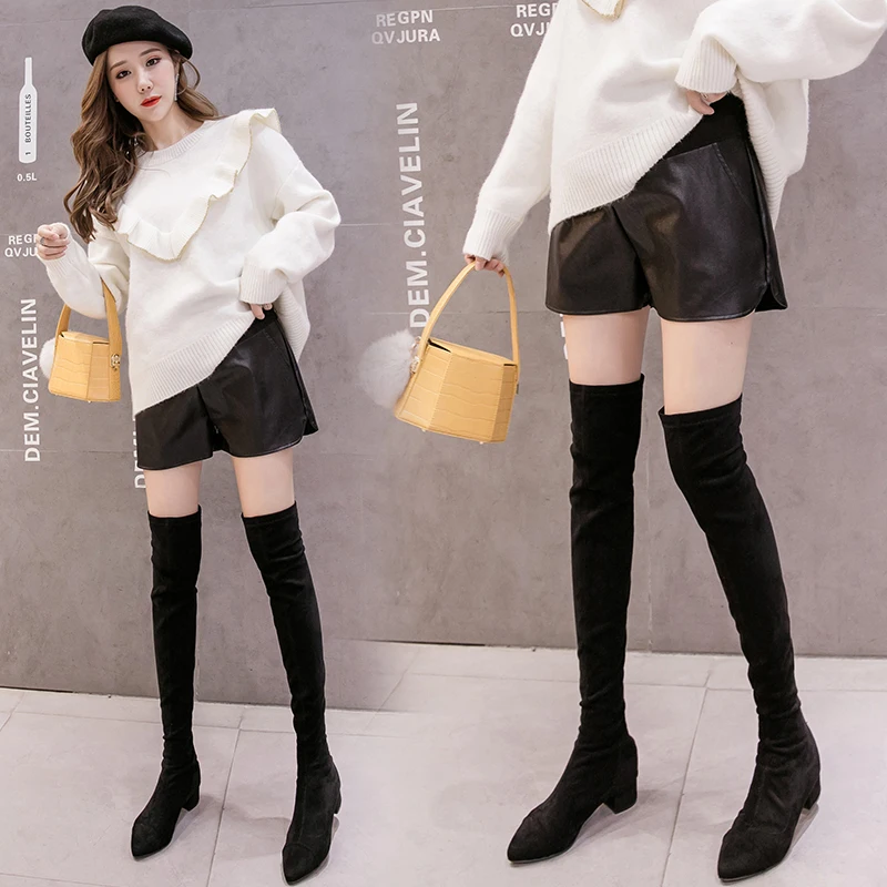 Cotton's Belly Patchwork PU Leather Shorts For Pregnant Women Fashionable Wide-legged Short Pants Maternity Side Split Trousers 2